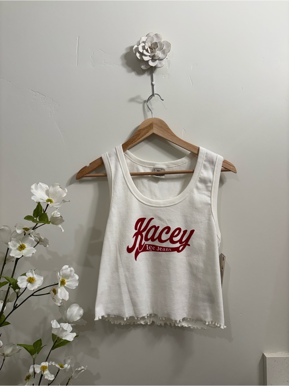 Lee White Cropped Tank with Red Kacey Logo